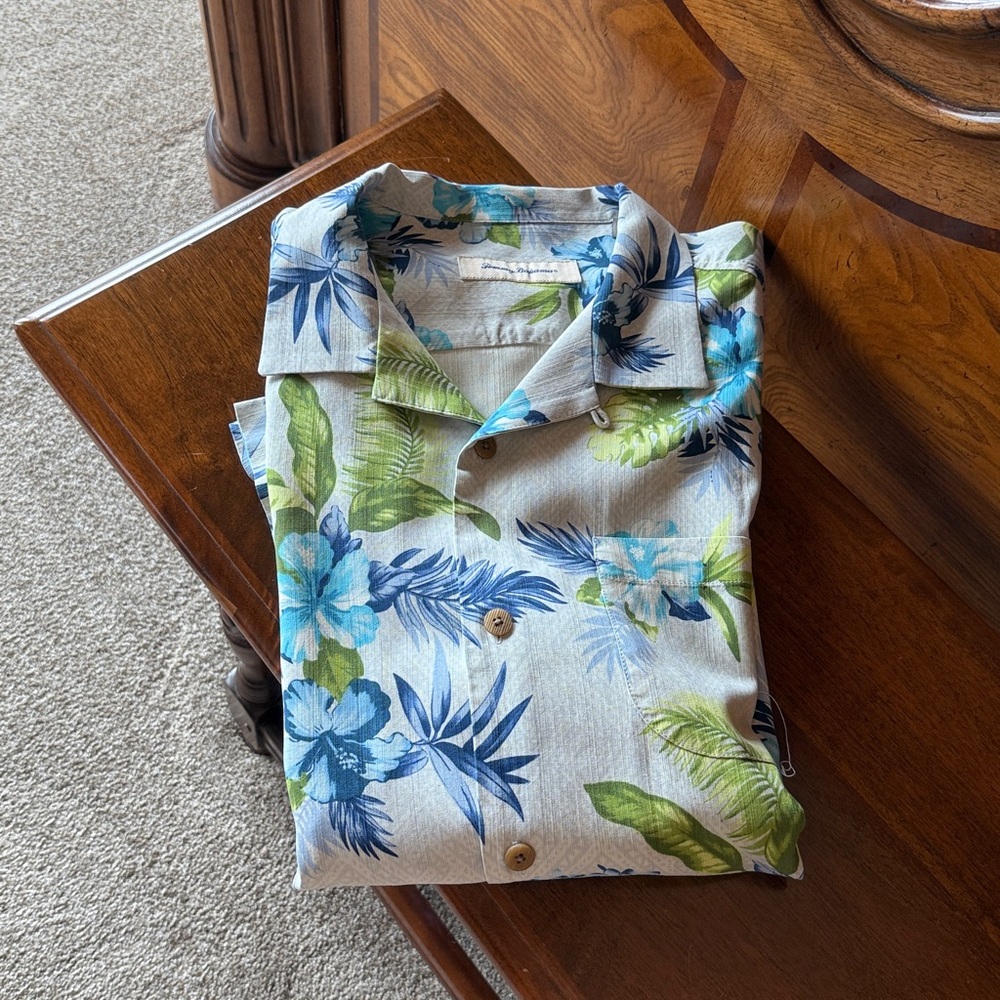 Beautiful Tommy Bahama Blue and Green silk Floral Shirt